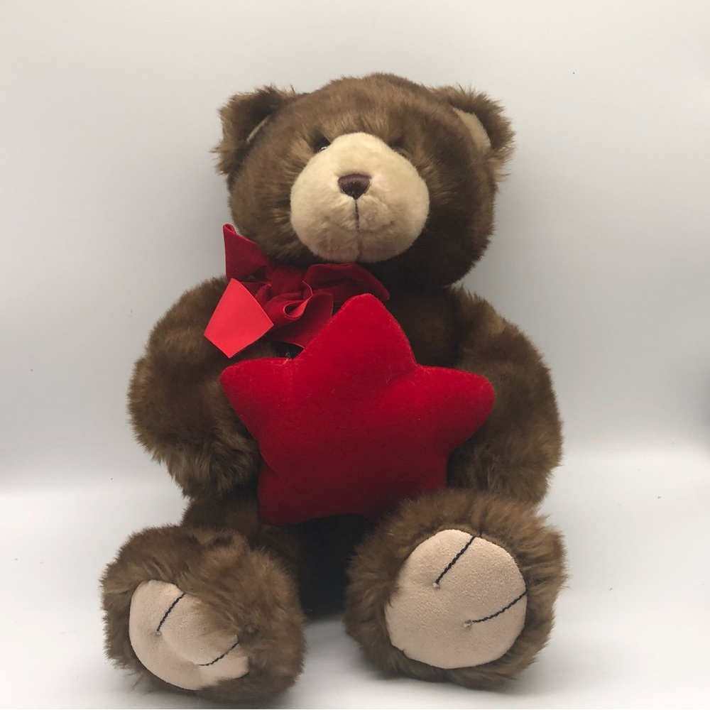GUND Brown Teddy Bear Plush Red Star Ring Jewelry Holder